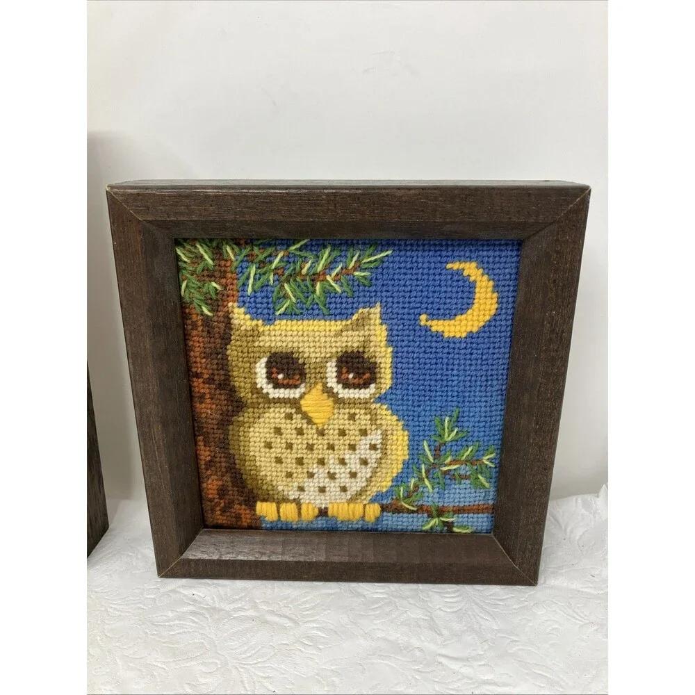 Needlepoint Framed Art Lot 3 Animals Lion Mouse Owl Cottagecore Nursery Small